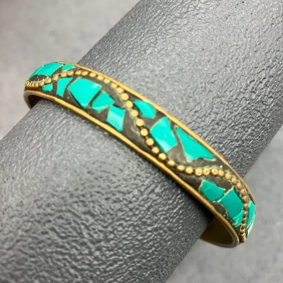 Inlaid Bangle Bracelet Turquoise Chunk Gold Dot Retro BoHo Soft Girl Beach - Picture 2 of 4